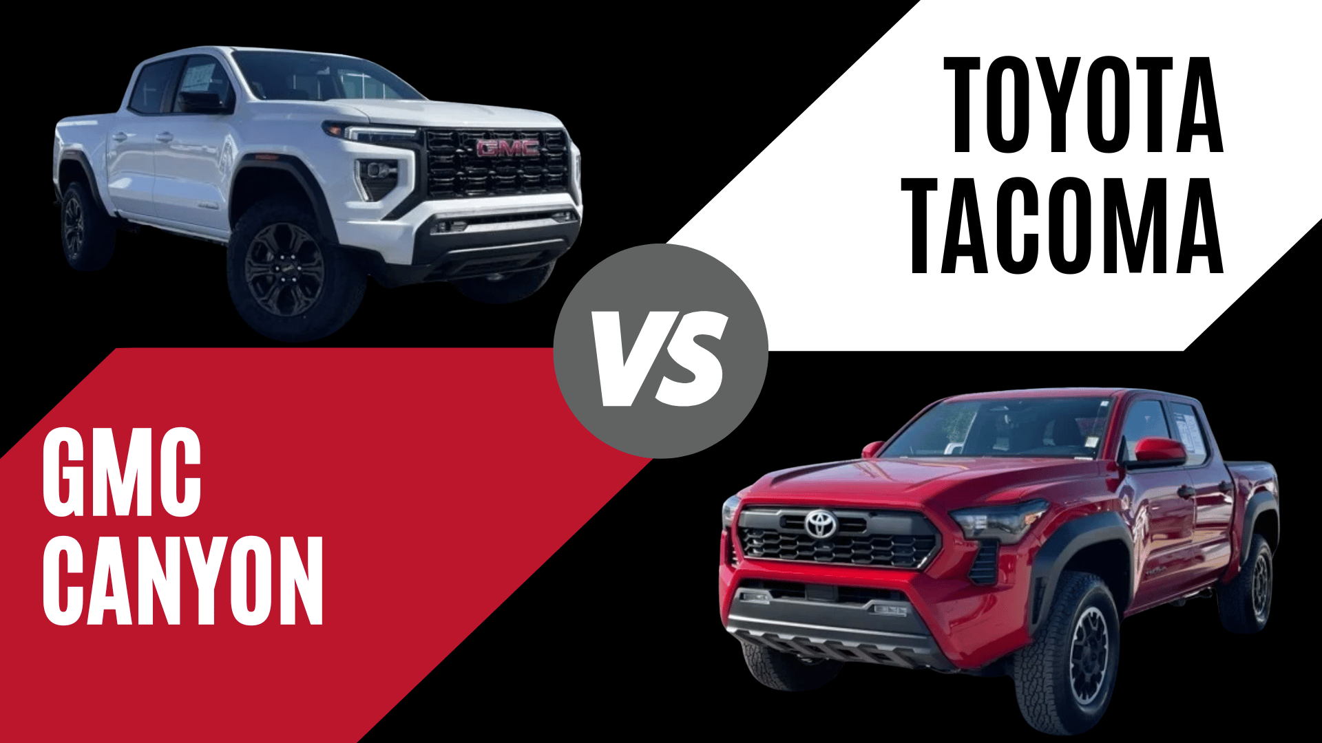 Side-by-side comparison of the 2025 GMC Canyon and 2025 Toyota Tacoma in a graphic showdown layout