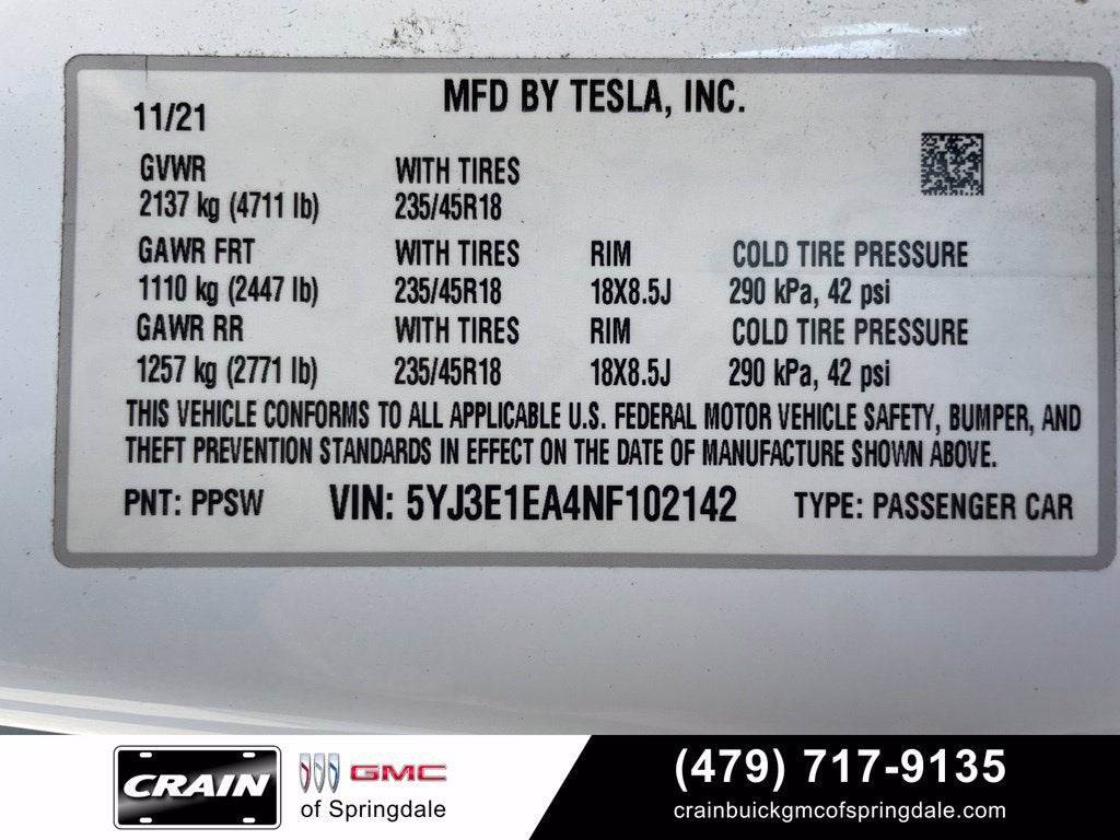 2022 Tesla Model 3 4DR SDN RWD STD R